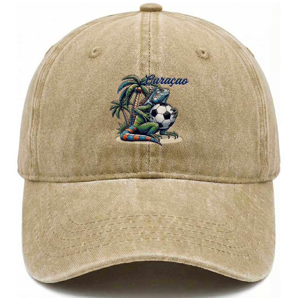 Funny Curaçao Iguana Soccer Fan Washed Cotton Baseball Cap Caribbean Pride Football Graphic