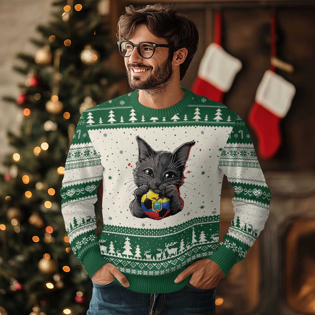 Ecuador Black Cat Soccer Game Day Ugly Christmas Sweater Cat Lover Gift