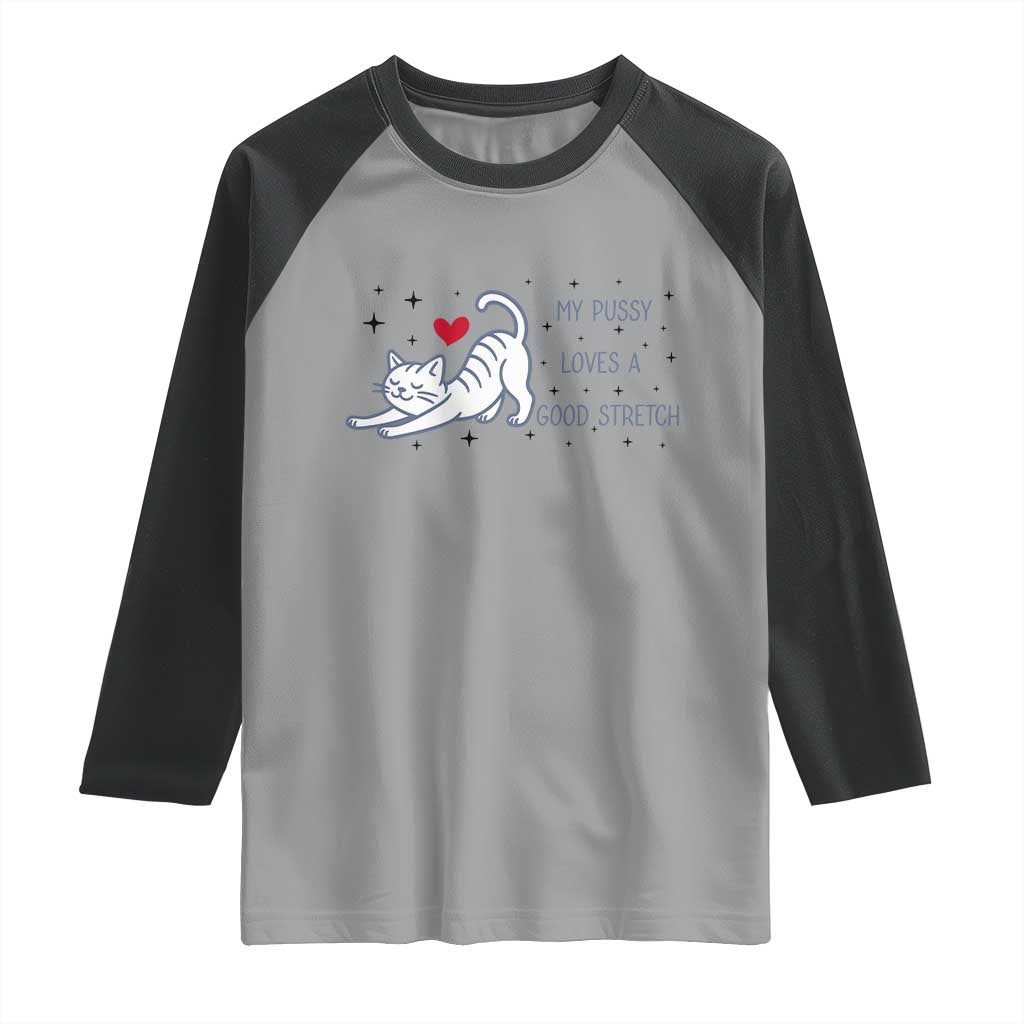 My Pussy Loves A Good Stretch Raglan Shirt Adult Humor Cat Gift - Wonder Print Shop