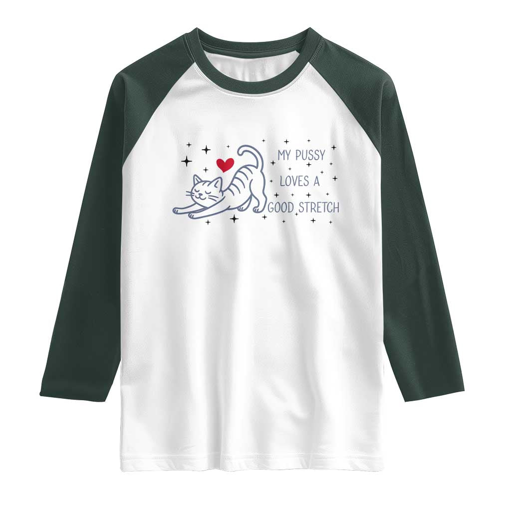 My Pussy Loves A Good Stretch Raglan Shirt Adult Humor Cat Gift - Wonder Print Shop
