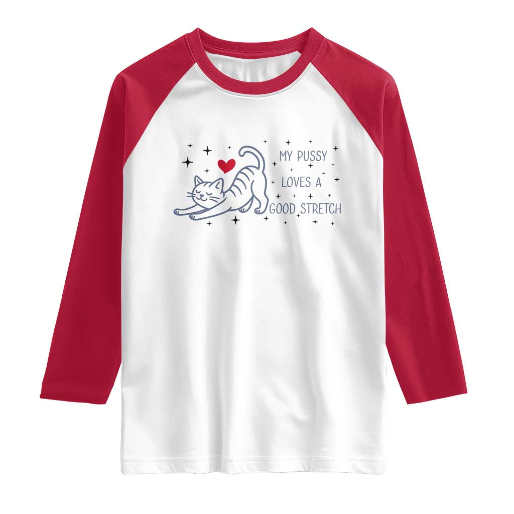 My Pussy Loves A Good Stretch Raglan Shirt Adult Humor Cat Gift - Wonder Print Shop