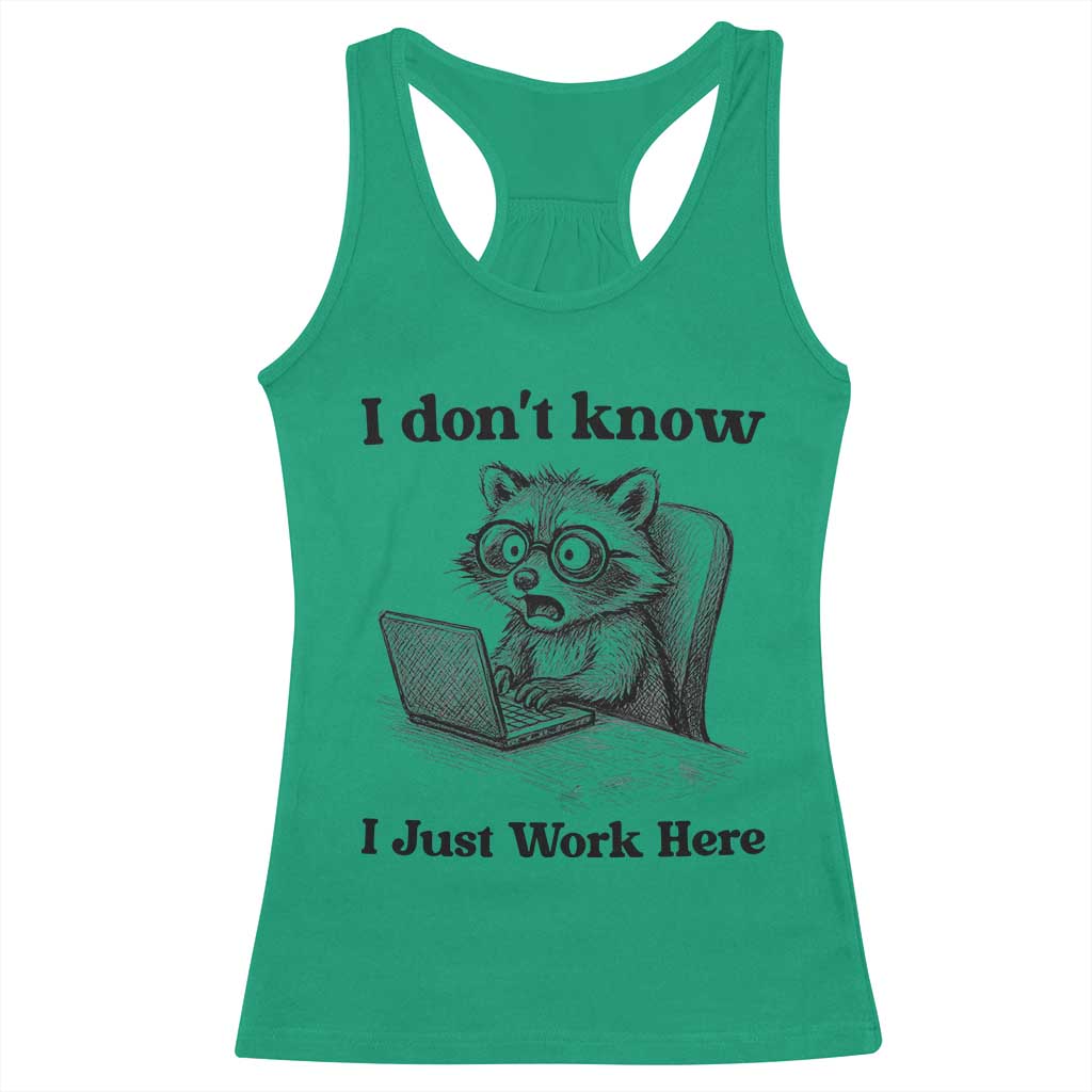 I Do Not Know I Just Work Here Racerback Tank Top Funny Raccoon Work Quote - Wonder Print Shop