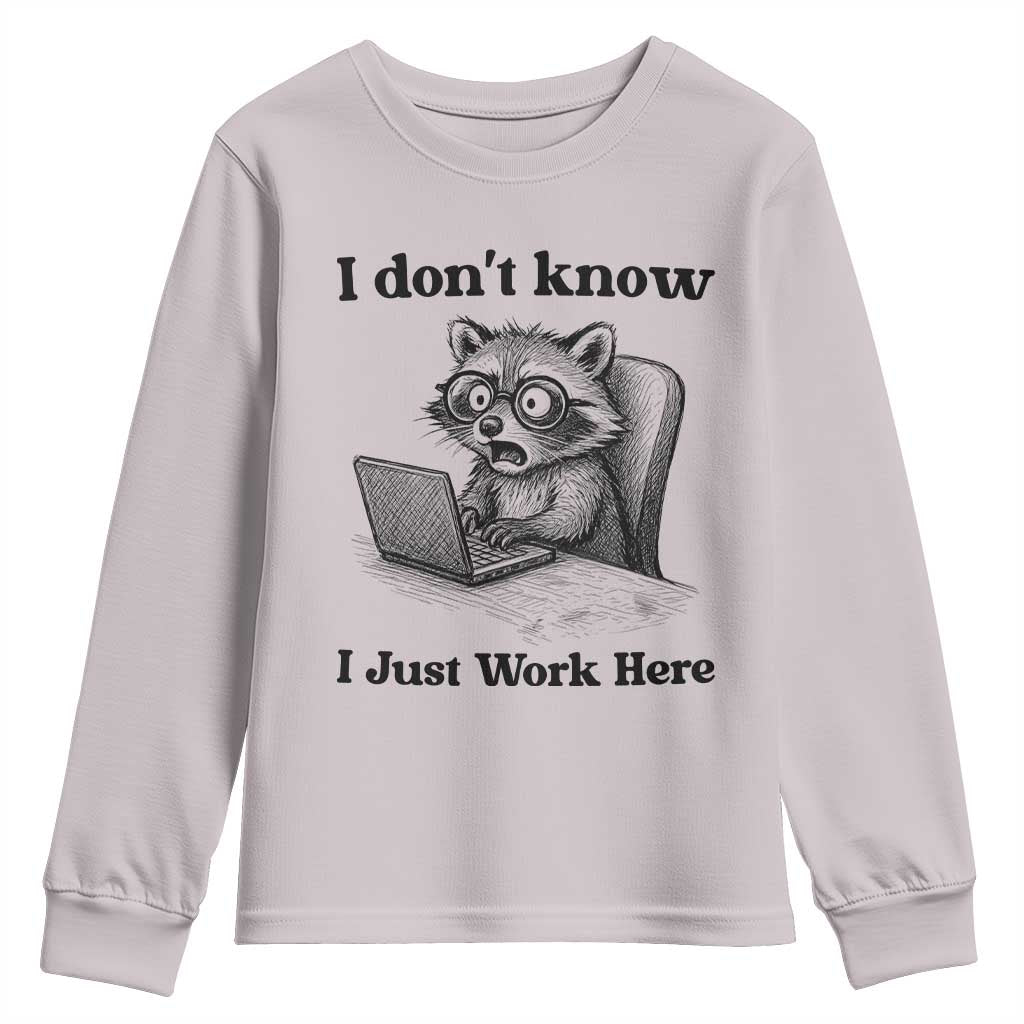 I Do Not Know I Just Work Here Youth Sweatshirt Funny Raccoon Work Quote - Wonder Print Shop