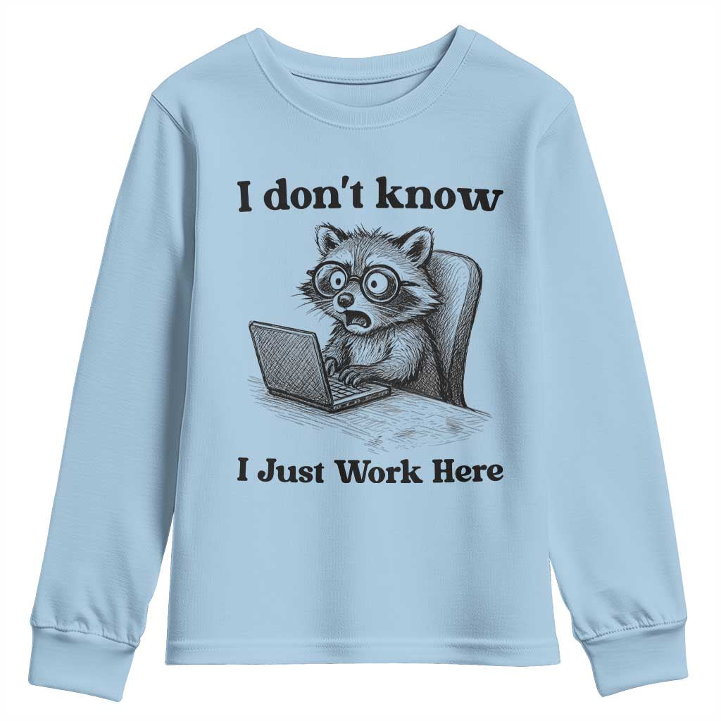 I Do Not Know I Just Work Here Youth Sweatshirt Funny Raccoon Work Quote - Wonder Print Shop