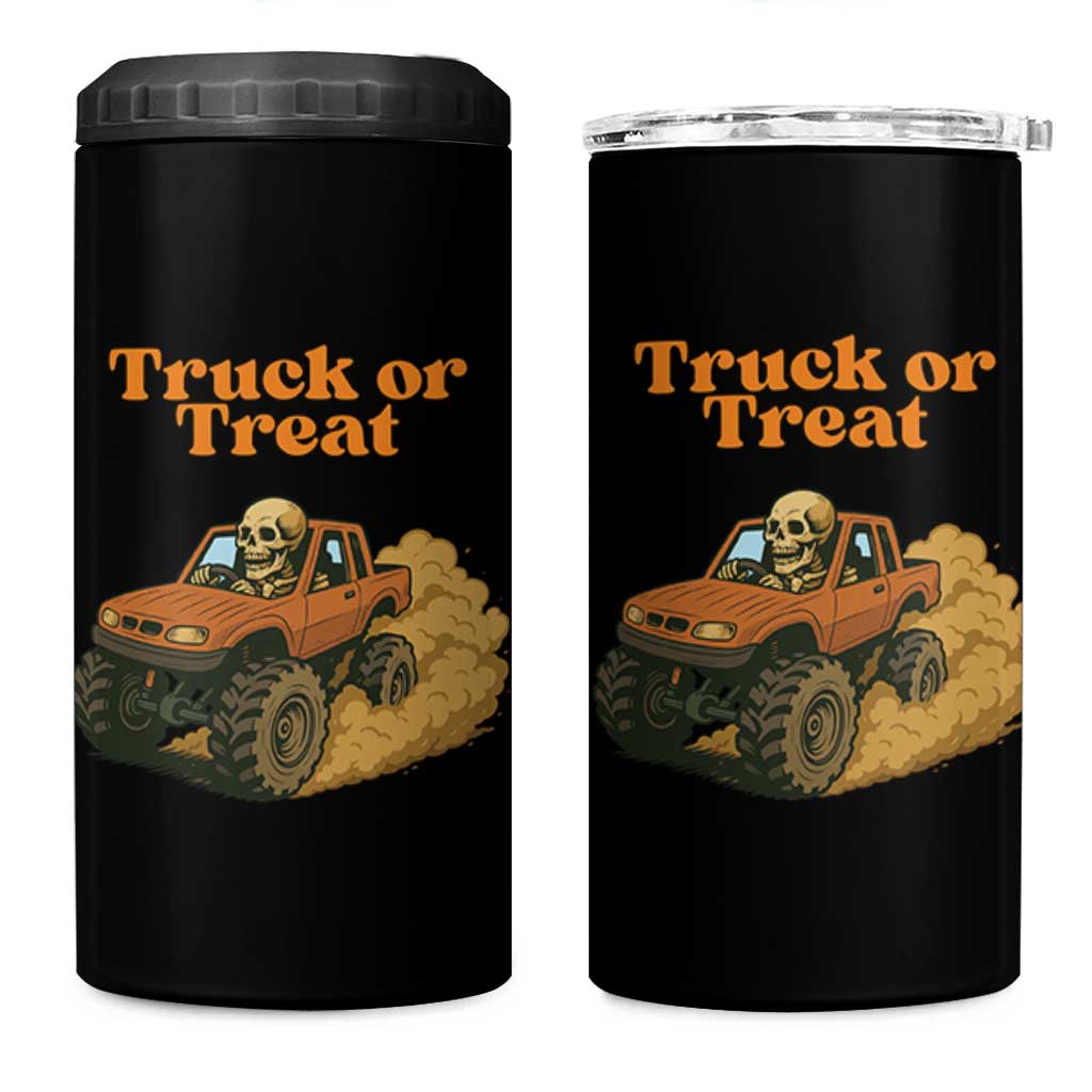 Truck Or Treat Skeleton Racing 4 in 1 Can Cooler Tumbler Funny Halloween Truck Lover