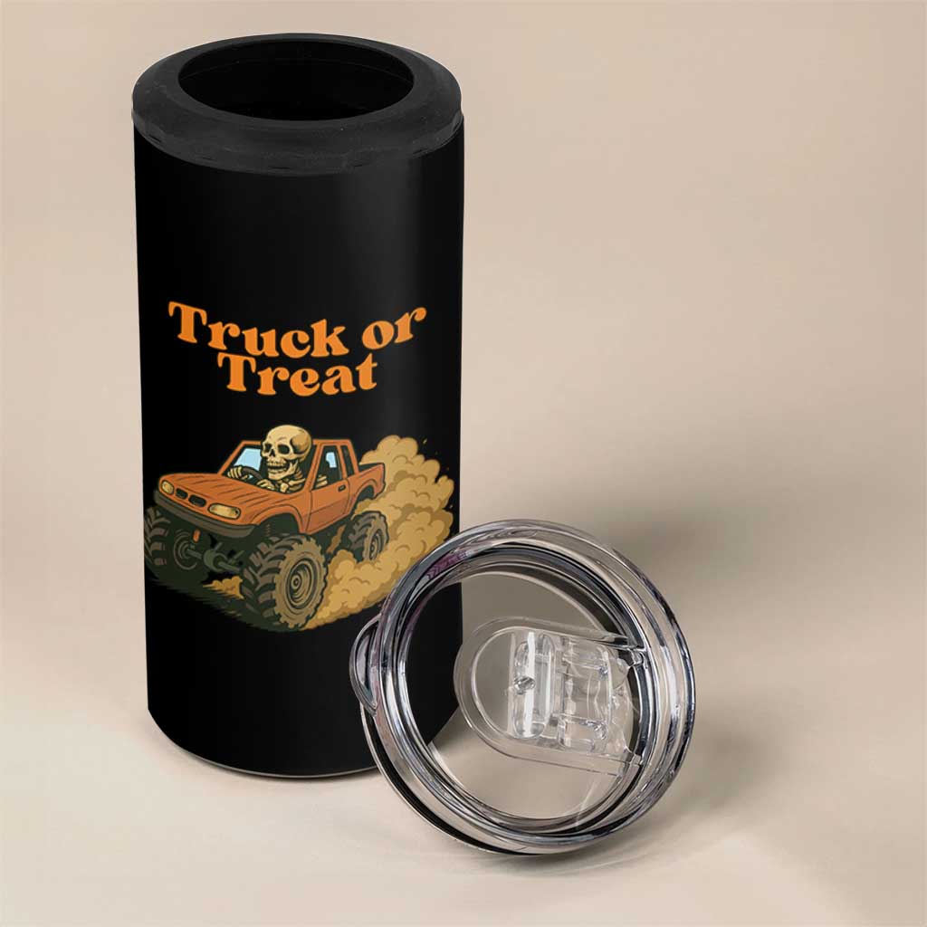 Truck Or Treat Skeleton Racing 4 in 1 Can Cooler Tumbler Funny Halloween Truck Lover