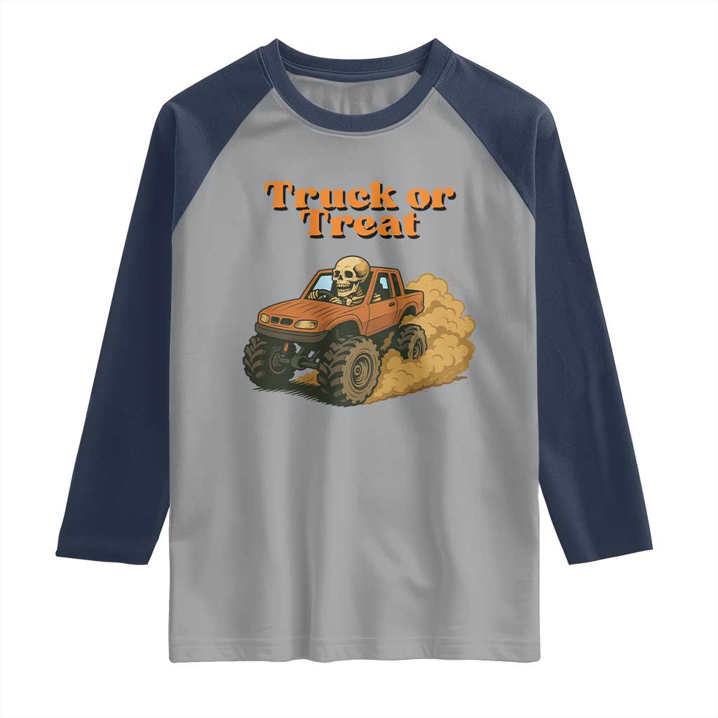 Truck Or Treat Skeleton Racing Raglan Shirt Funny Halloween Truck Lover - Wonder Print Shop