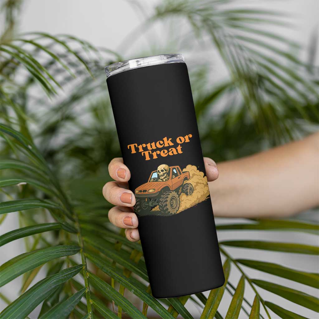 Truck Or Treat Skeleton Racing Skinny Tumbler Funny Halloween Truck Lover