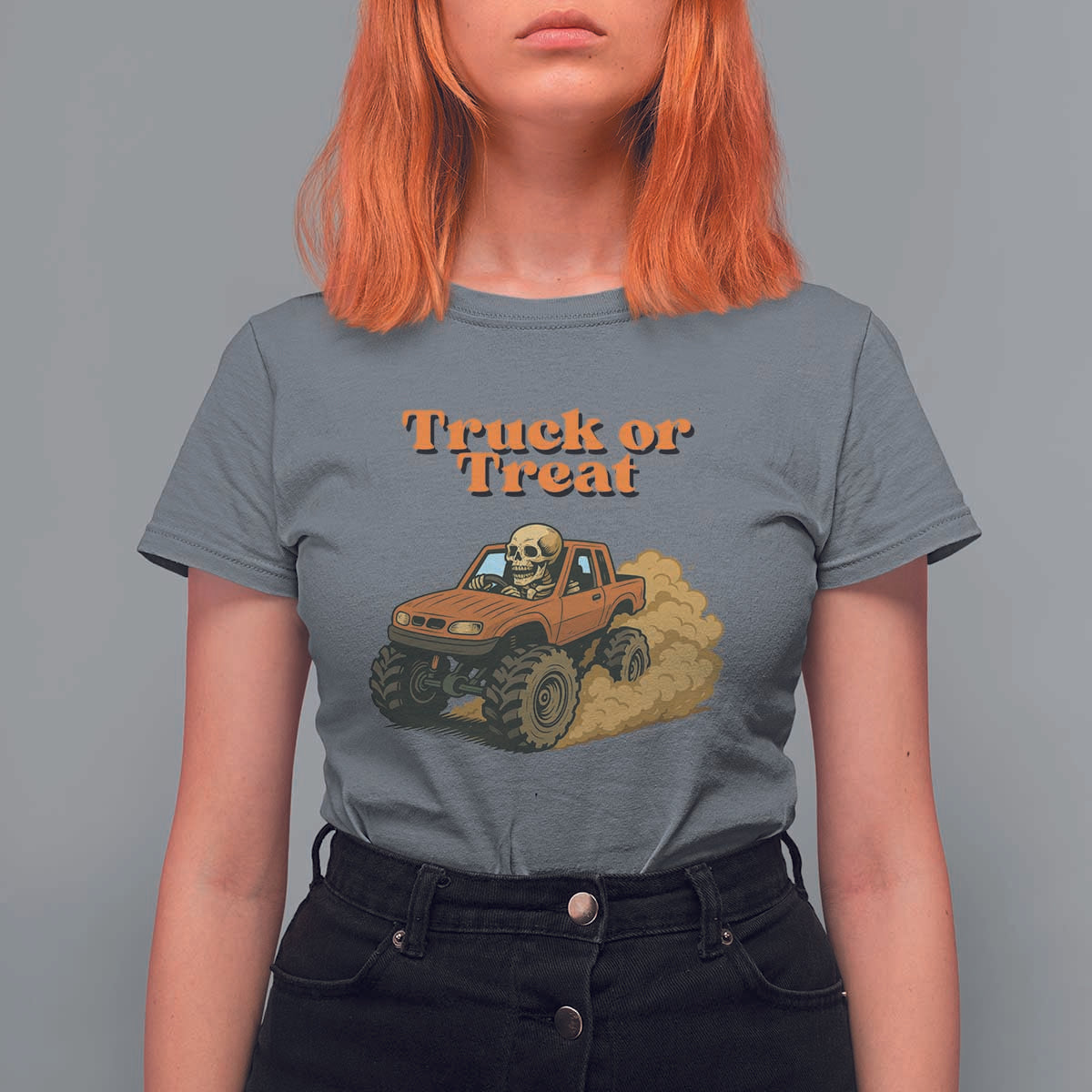 Truck Or Treat Skeleton Racing T Shirt For Women Funny Halloween Truck Lover - Wonder Print Shop