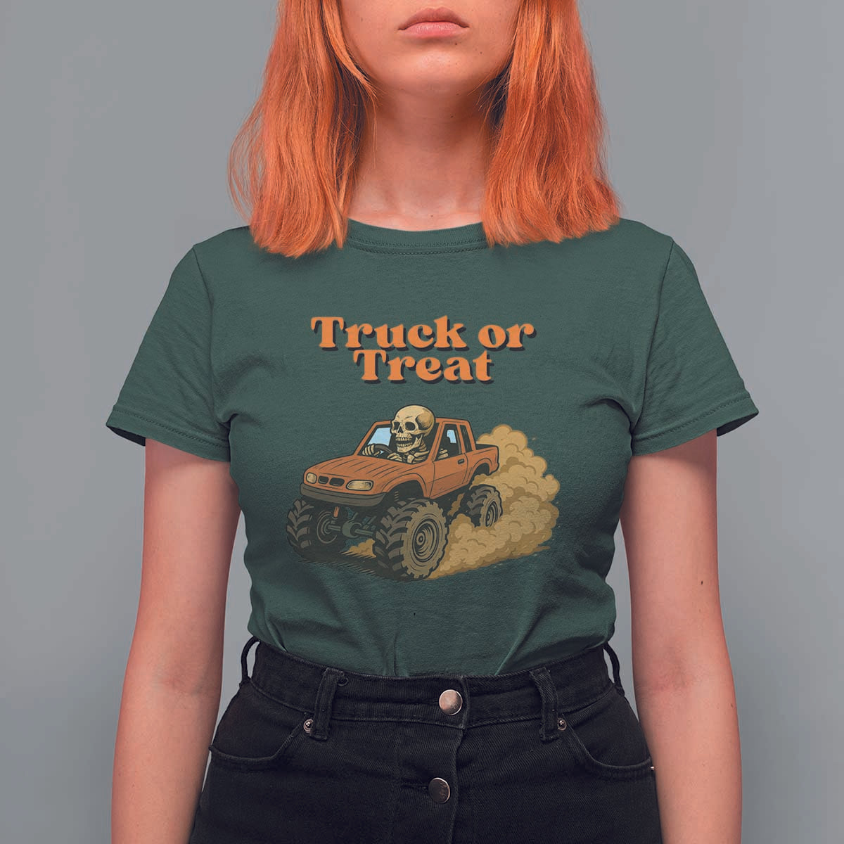 Truck Or Treat Skeleton Racing T Shirt For Women Funny Halloween Truck Lover - Wonder Print Shop