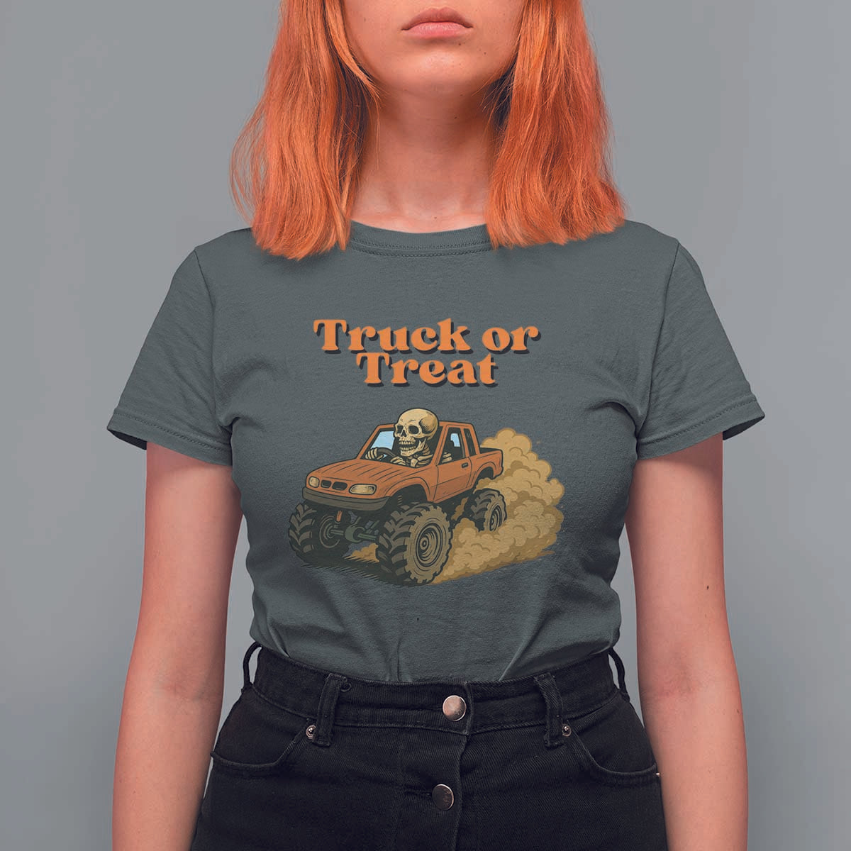 Truck Or Treat Skeleton Racing T Shirt For Women Funny Halloween Truck Lover - Wonder Print Shop