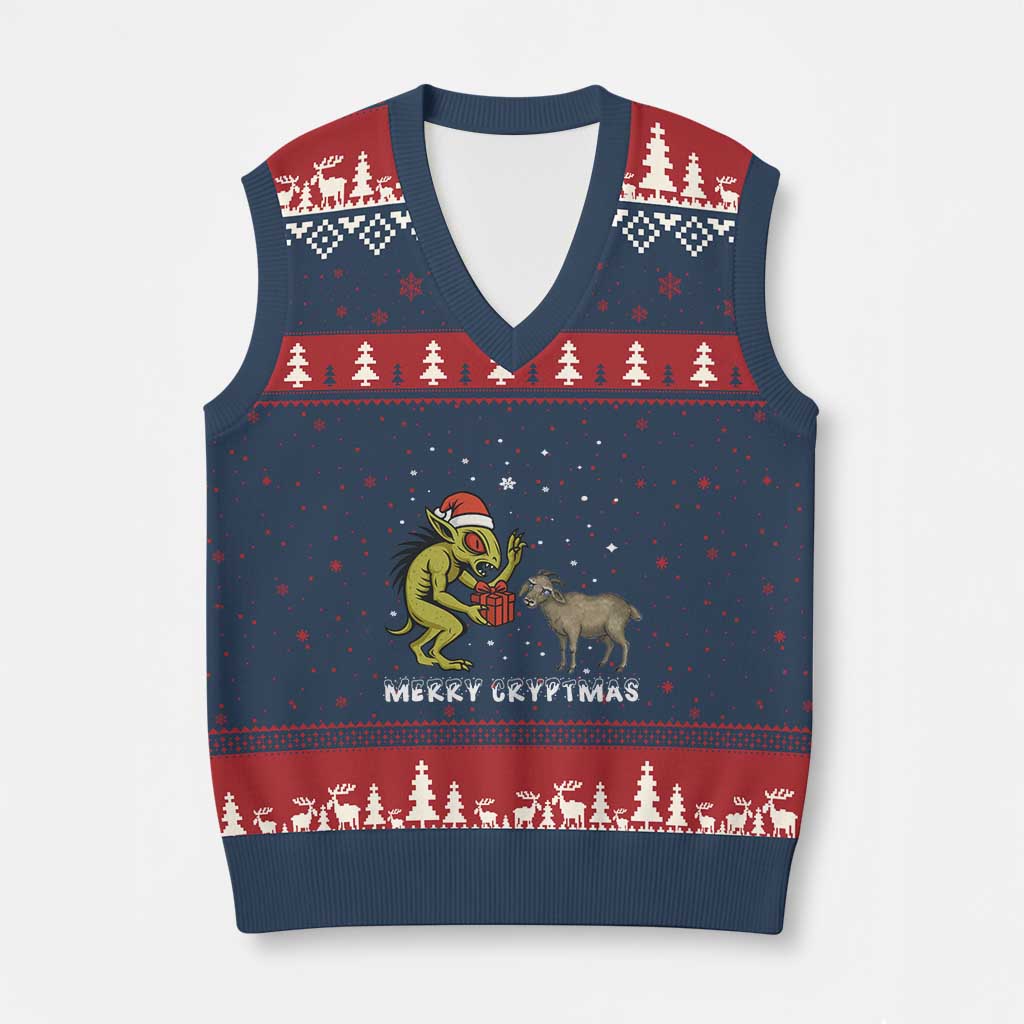Funny Chupacabra V-Neck Knit Sweater Vest Merry Cryptmas Xmas Gift - Wonder Print Shop
