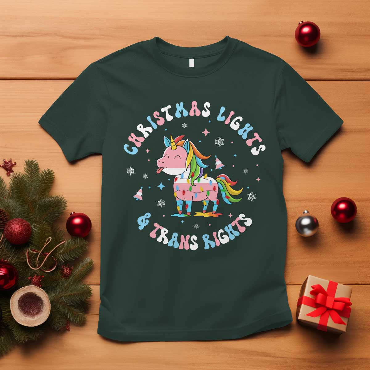 Christmas Lights And Trans Rights T Shirt Magical Unicorn Pride - Wonder Print Shop