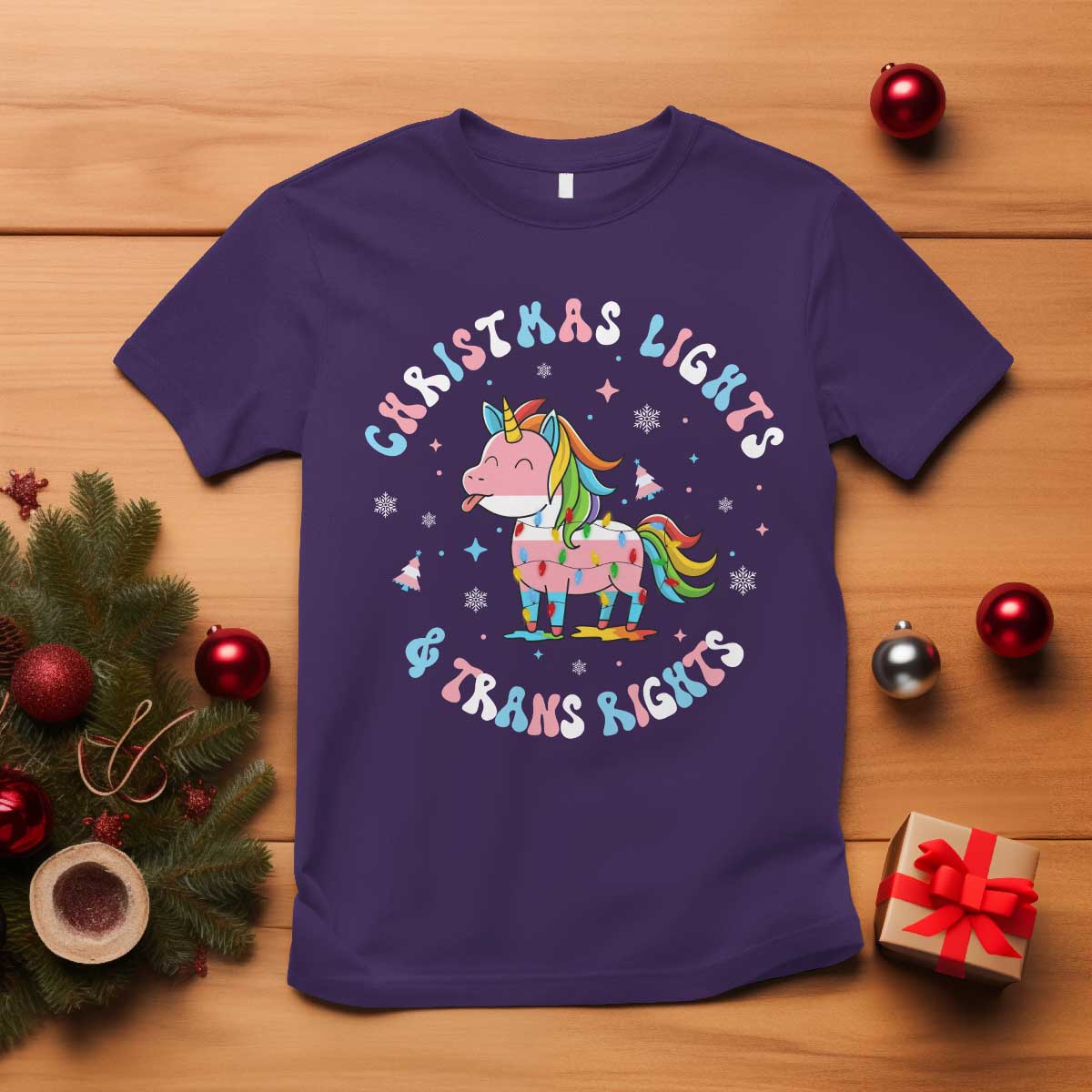 Christmas Lights And Trans Rights T Shirt Magical Unicorn Pride - Wonder Print Shop