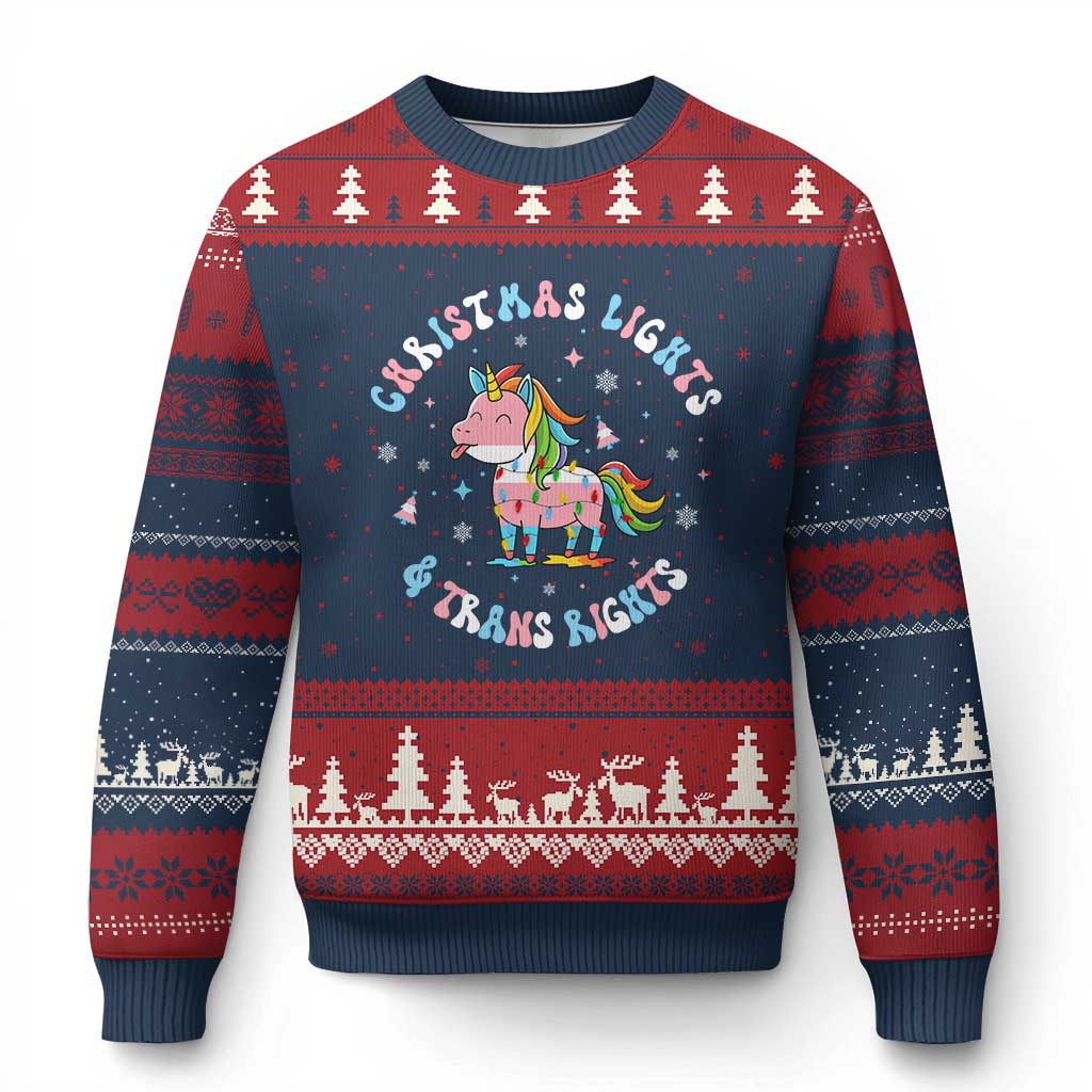 Christmas Lights And Trans Rights Ugly Christmas Sweater Magical Unicorn Pride - Wonder Print Shop
