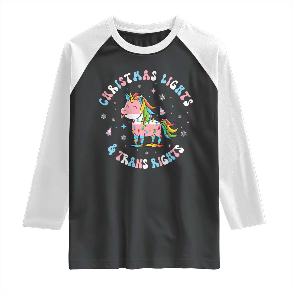 Christmas Lights And Trans Rights Raglan Shirt Magical Unicorn Pride - Wonder Print Shop