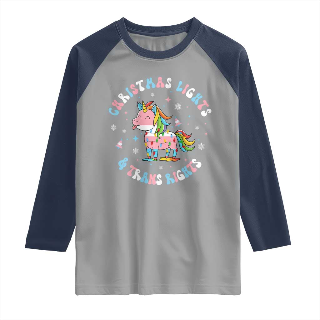 Christmas Lights And Trans Rights Raglan Shirt Magical Unicorn Pride - Wonder Print Shop