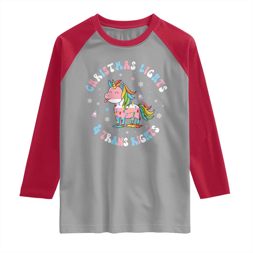 Christmas Lights And Trans Rights Raglan Shirt Magical Unicorn Pride - Wonder Print Shop