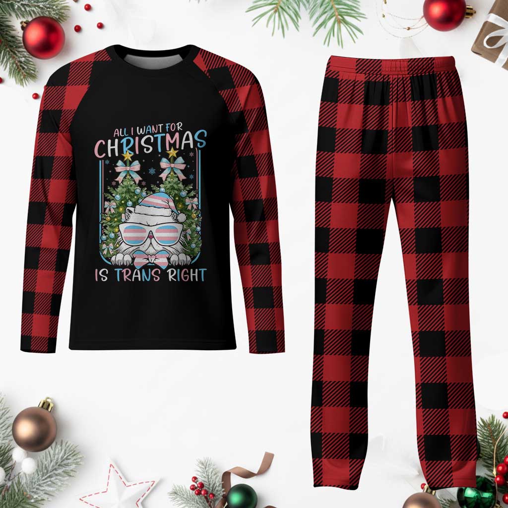 Funny Santa Cat Trans Pride Plaid Pajama Set All I Want For Christmas Is Trans Rights - Wonder Print Shop
