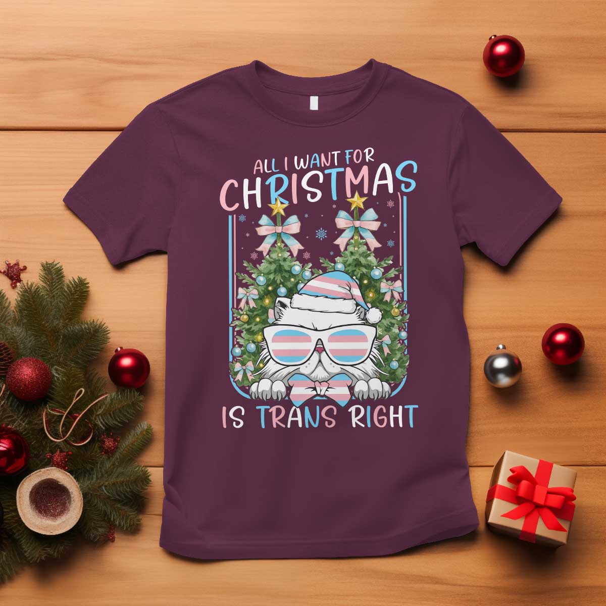Funny Santa Cat Trans Pride T Shirt All I Want For Christmas Is Trans Rights - Wonder Print Shop
