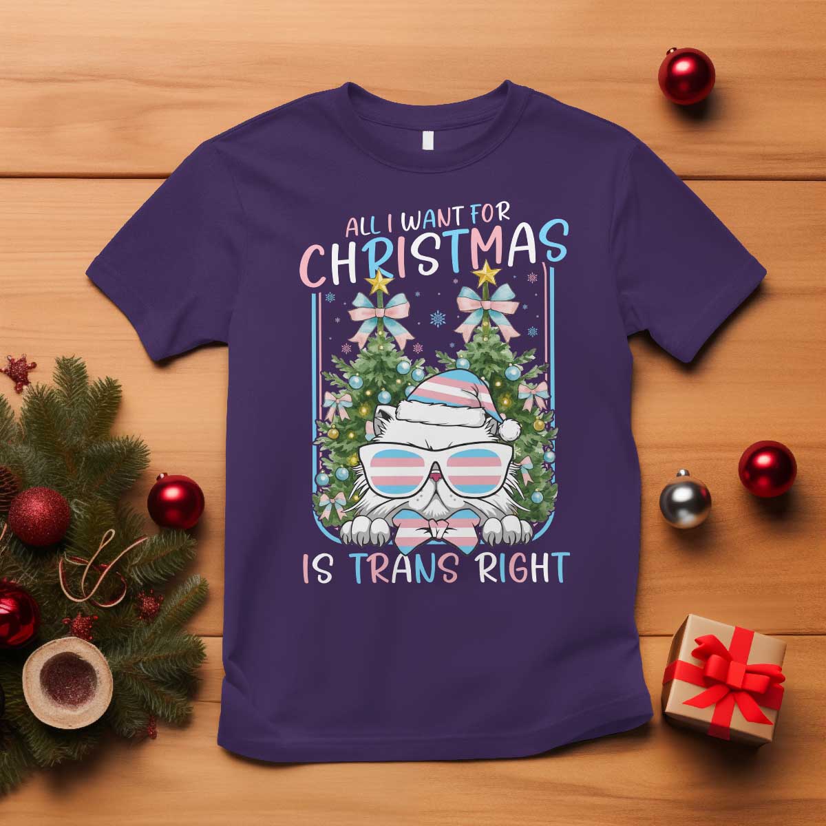 Funny Santa Cat Trans Pride T Shirt All I Want For Christmas Is Trans Rights - Wonder Print Shop