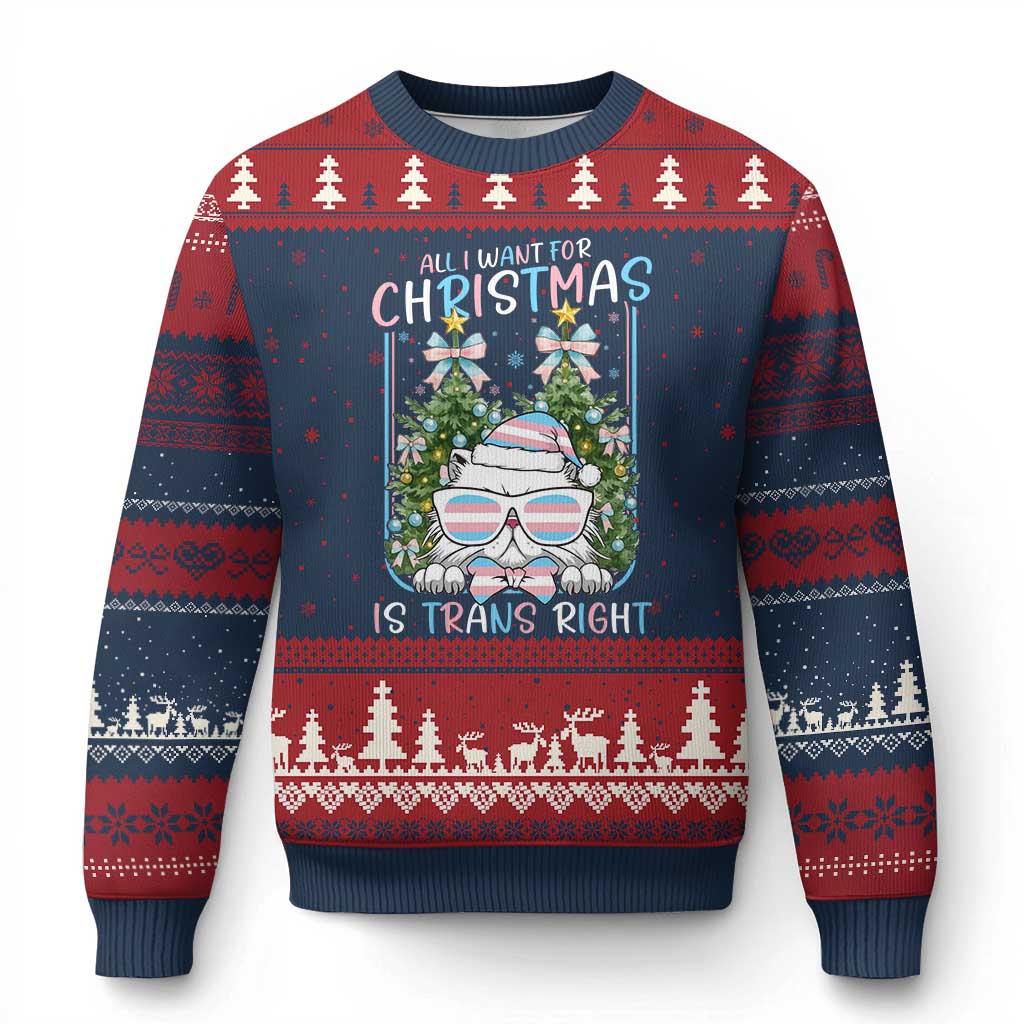 Funny Santa Cat Trans Pride Ugly Christmas Sweater All I Want For Xmas Is Trans Rights - Wonder Print Shop