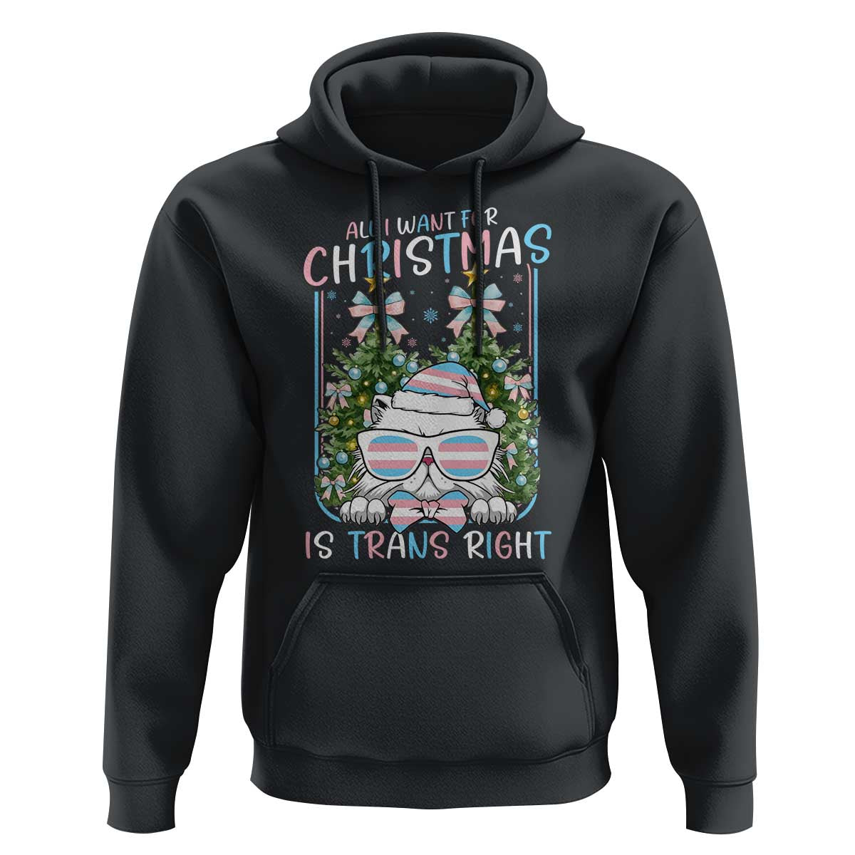 Funny Santa Cat Trans Pride Hoodie All I Want For Christmas Is Trans Rights - Wonder Print Shop