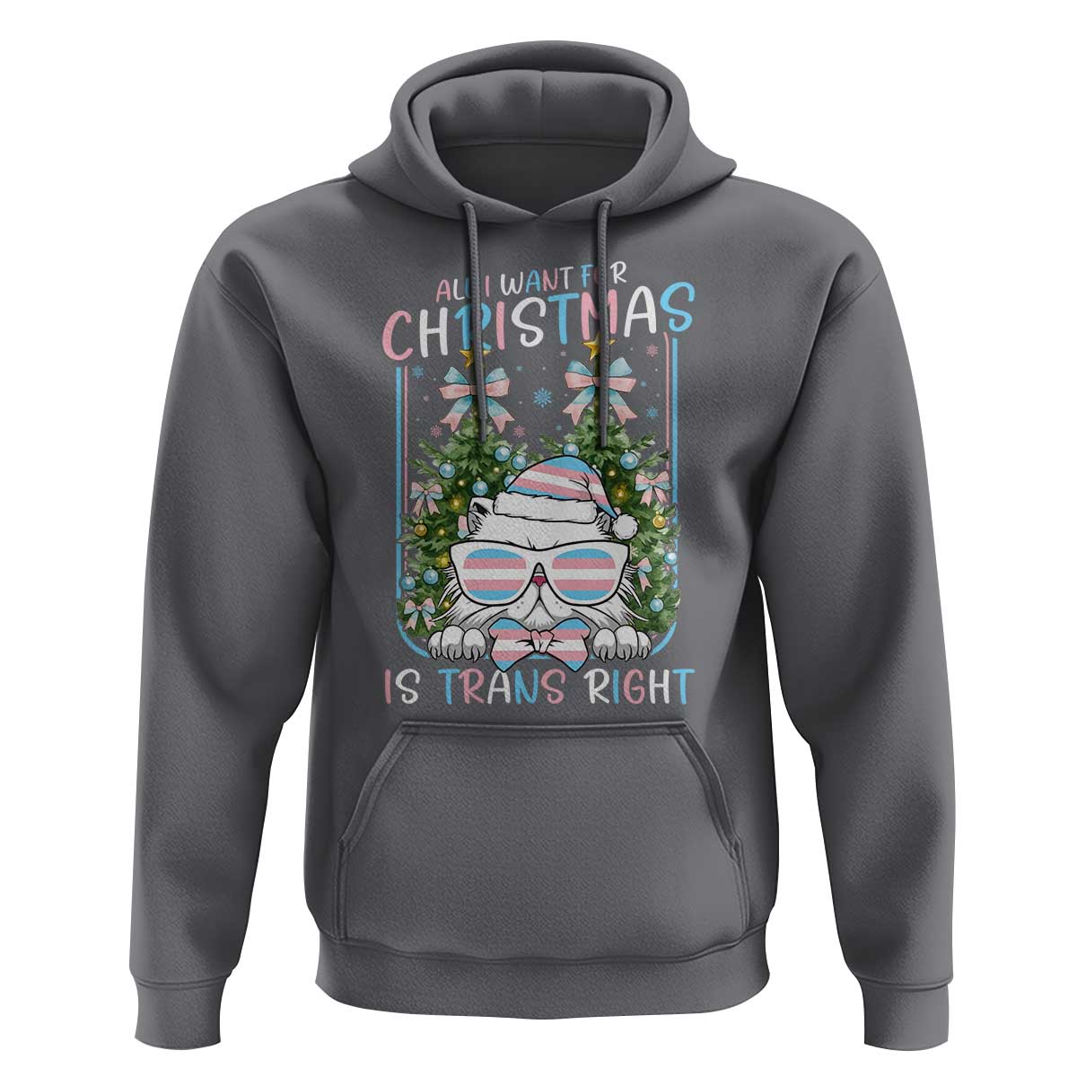 Funny Santa Cat Trans Pride Hoodie All I Want For Christmas Is Trans Rights - Wonder Print Shop