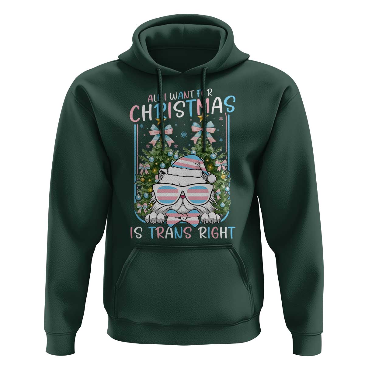 Funny Santa Cat Trans Pride Hoodie All I Want For Christmas Is Trans Rights - Wonder Print Shop