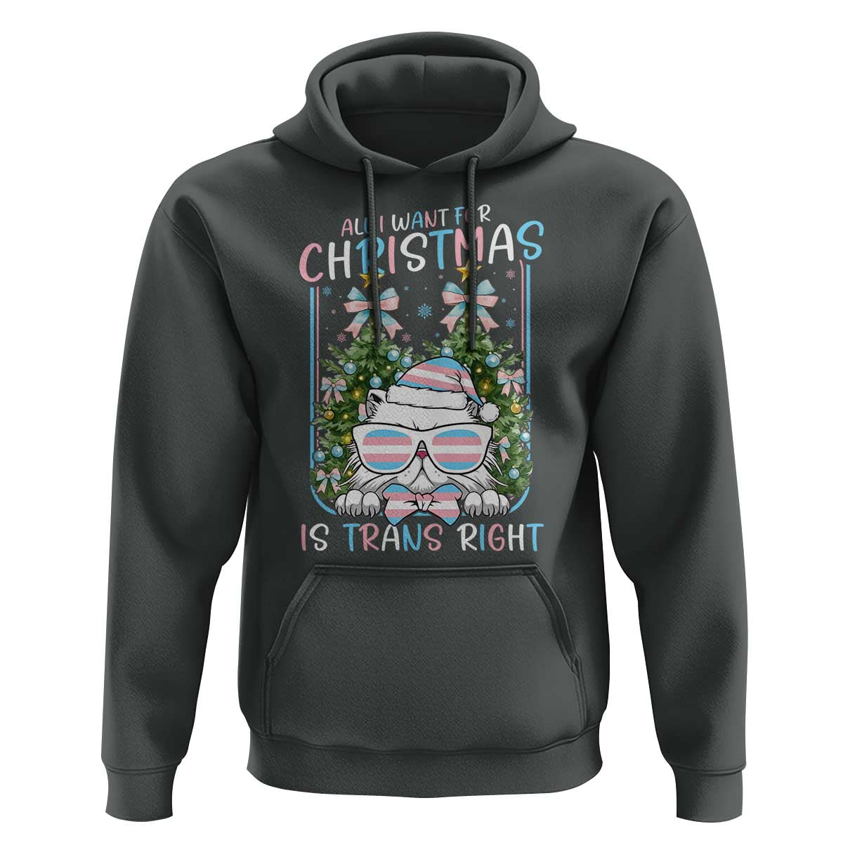 Funny Santa Cat Trans Pride Hoodie All I Want For Christmas Is Trans Rights - Wonder Print Shop