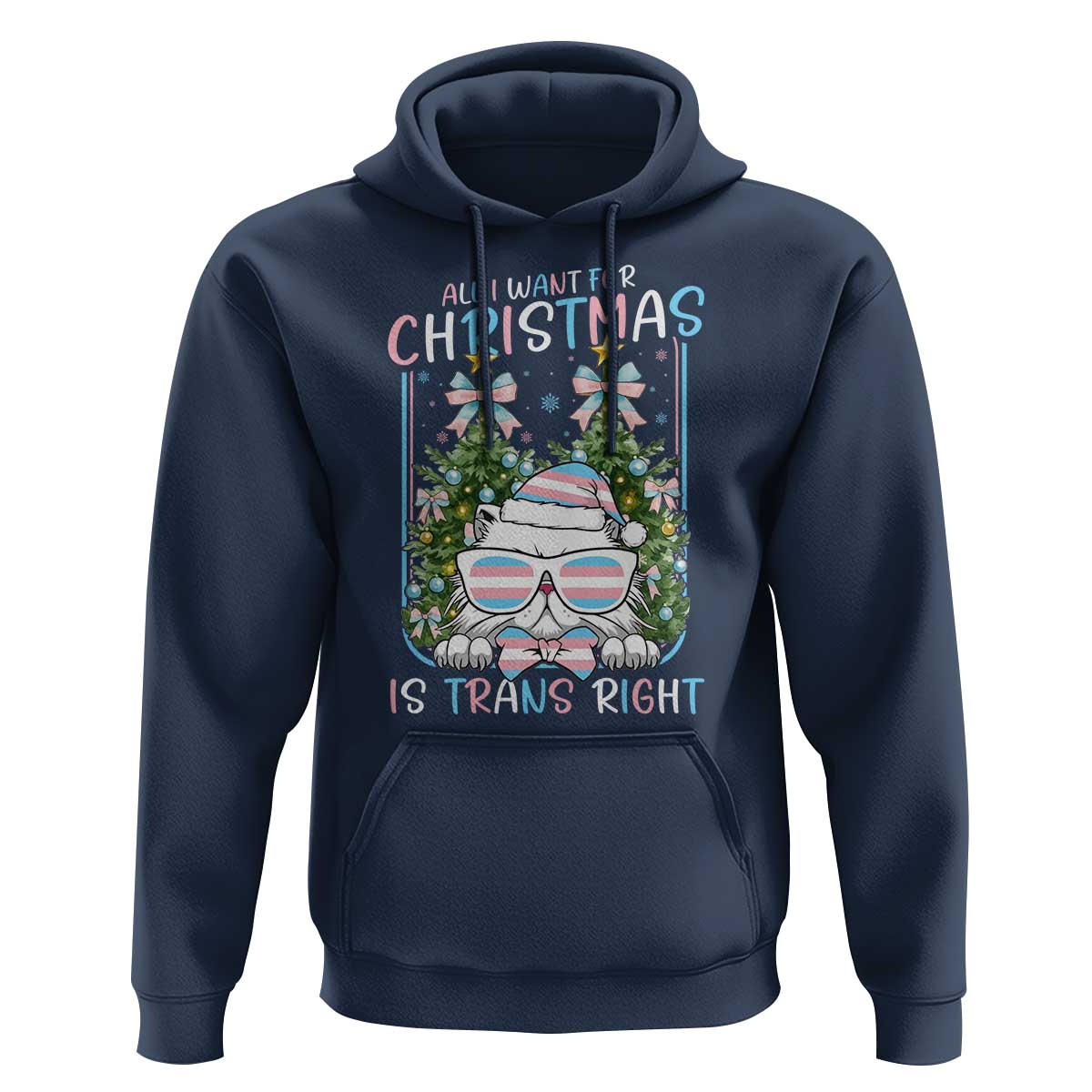 Funny Santa Cat Trans Pride Hoodie All I Want For Christmas Is Trans Rights - Wonder Print Shop