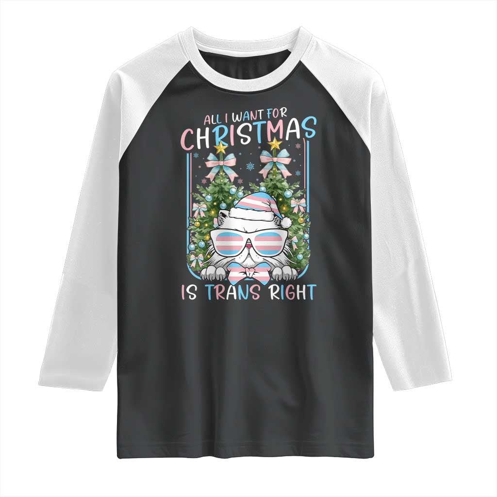 Funny Santa Cat Trans Pride Raglan Shirt All I Want For Christmas Is Trans Rights - Wonder Print Shop