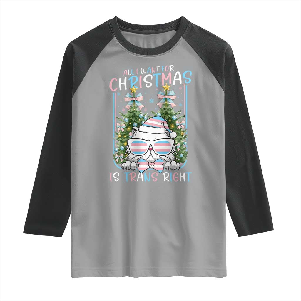 Funny Santa Cat Trans Pride Raglan Shirt All I Want For Christmas Is Trans Rights - Wonder Print Shop