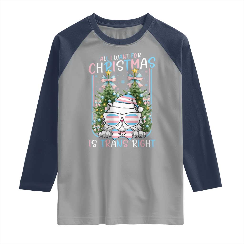 Funny Santa Cat Trans Pride Raglan Shirt All I Want For Christmas Is Trans Rights - Wonder Print Shop
