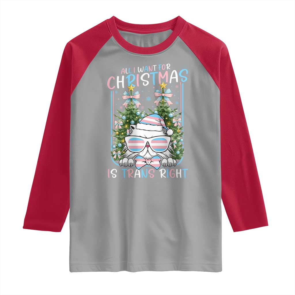 Funny Santa Cat Trans Pride Raglan Shirt All I Want For Christmas Is Trans Rights - Wonder Print Shop