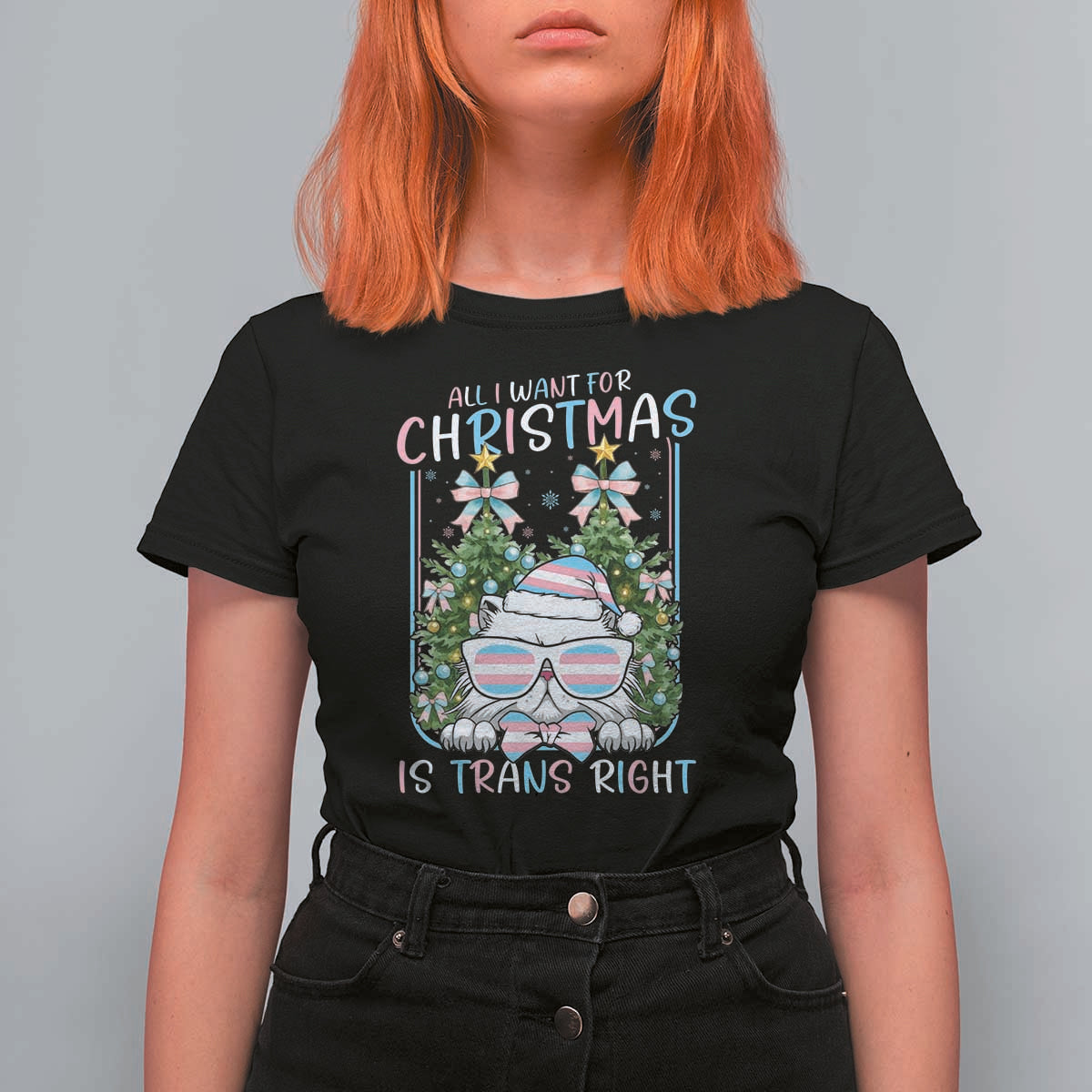 Funny Santa Cat Trans Pride T Shirt For Women All I Want For Christmas Is Trans Rights - Wonder Print Shop