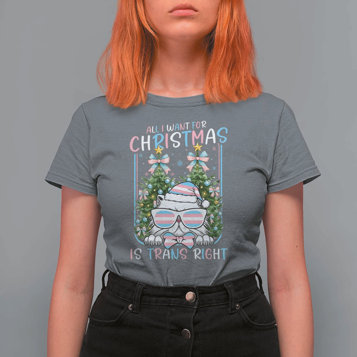 Funny Santa Cat Trans Pride T Shirt For Women All I Want For Christmas Is Trans Rights - Wonder Print Shop