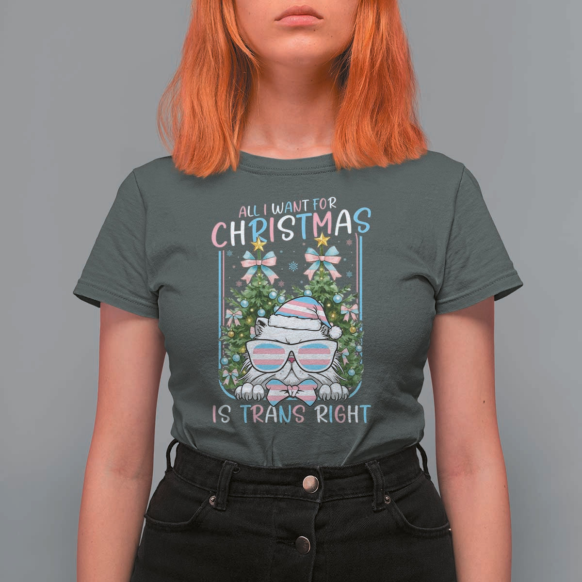 Funny Santa Cat Trans Pride T Shirt For Women All I Want For Christmas Is Trans Rights - Wonder Print Shop