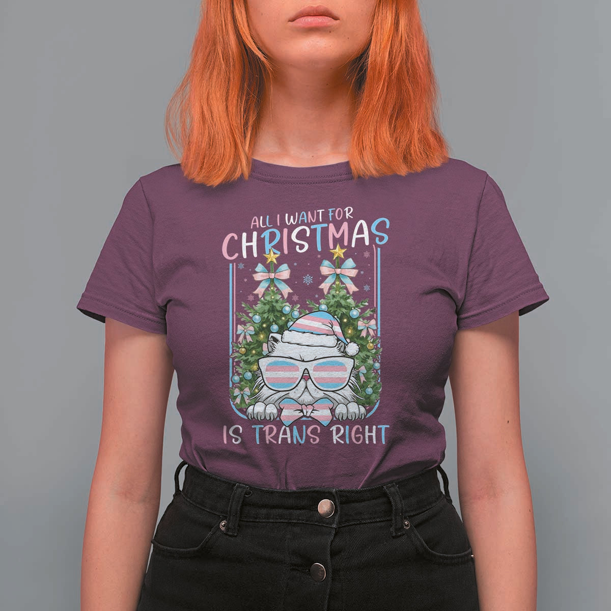 Funny Santa Cat Trans Pride T Shirt For Women All I Want For Christmas Is Trans Rights - Wonder Print Shop