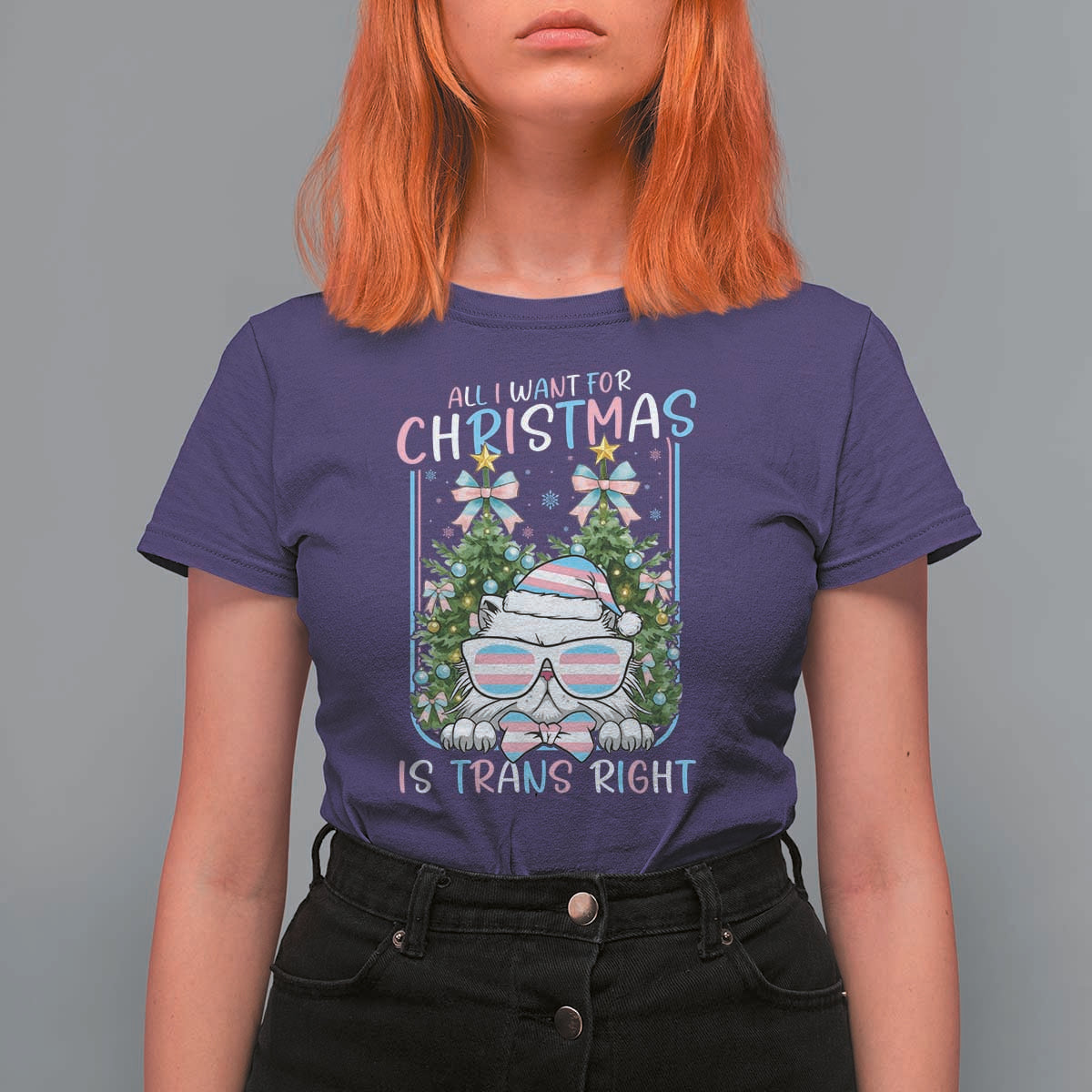 Funny Santa Cat Trans Pride T Shirt For Women All I Want For Christmas Is Trans Rights - Wonder Print Shop