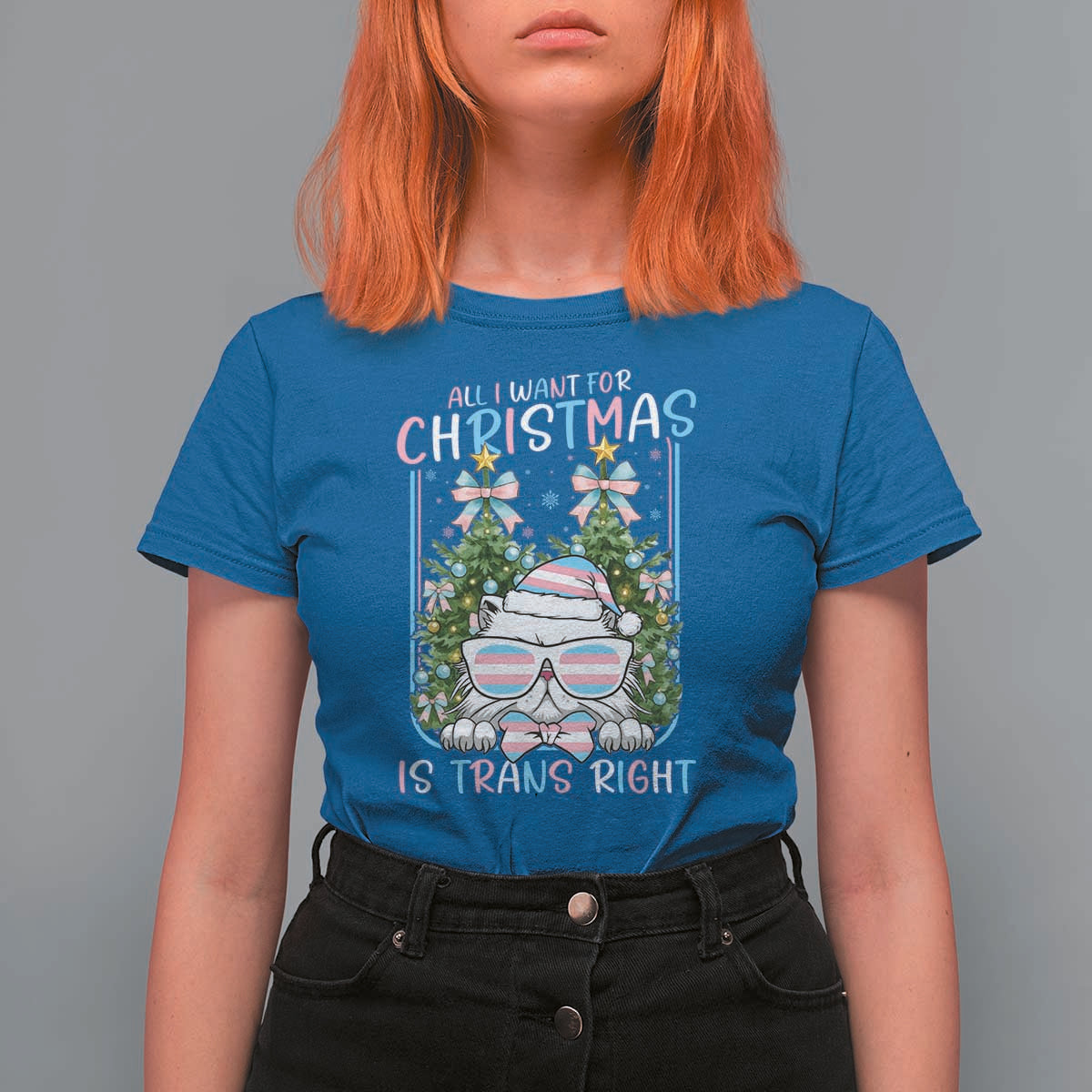 Funny Santa Cat Trans Pride T Shirt For Women All I Want For Christmas Is Trans Rights - Wonder Print Shop