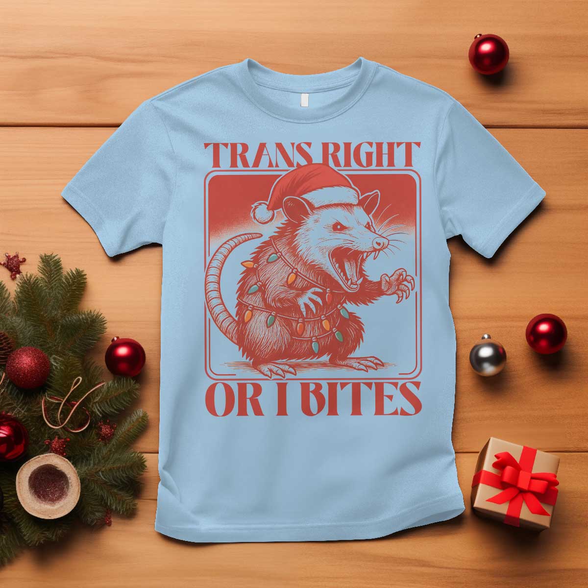 Funny Fierce Opossum Santa T Shirt Trans Right Or I Bites Christmas Gift - Wonder Print Shop