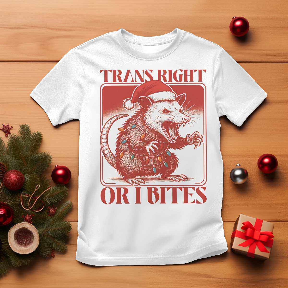 Funny Fierce Opossum Santa T Shirt Trans Right Or I Bites Christmas Gift - Wonder Print Shop