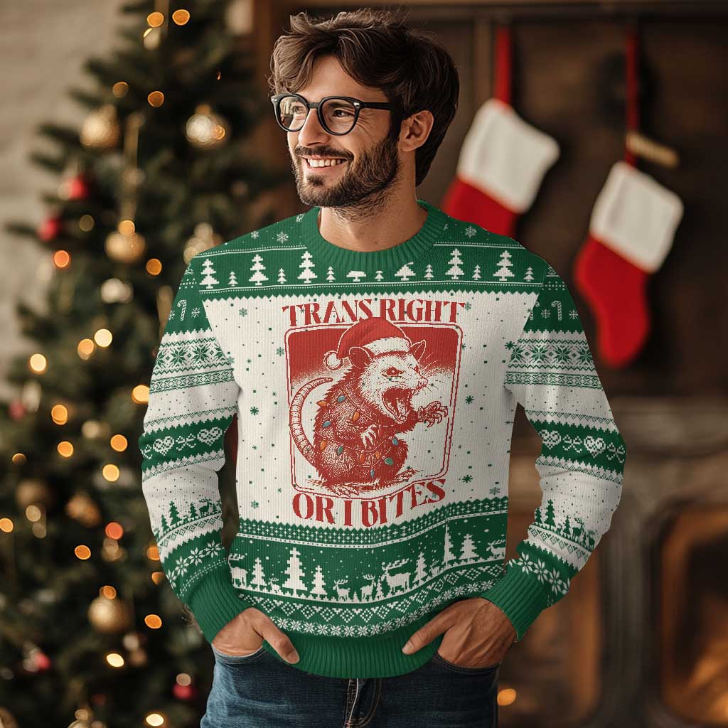 Funny Fierce Opossum Santa Ugly Christmas Sweater Trans Right Or I Bites Christmas Gift - Wonder Print Shop