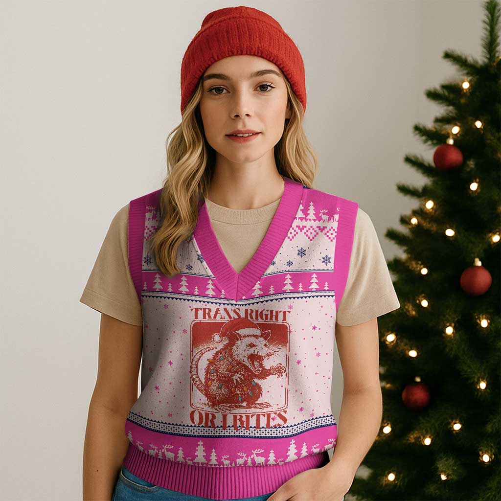 Funny Fierce Opossum Santa V-Neck Knit Sweater Vest Trans Right Or I Bites Christmas Gift - Wonder Print Shop