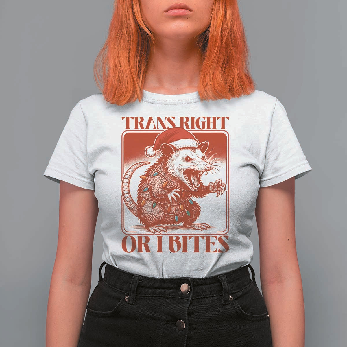 Funny Fierce Opossum Santa T Shirt For Women Trans Right Or I Bites Christmas Gift - Wonder Print Shop