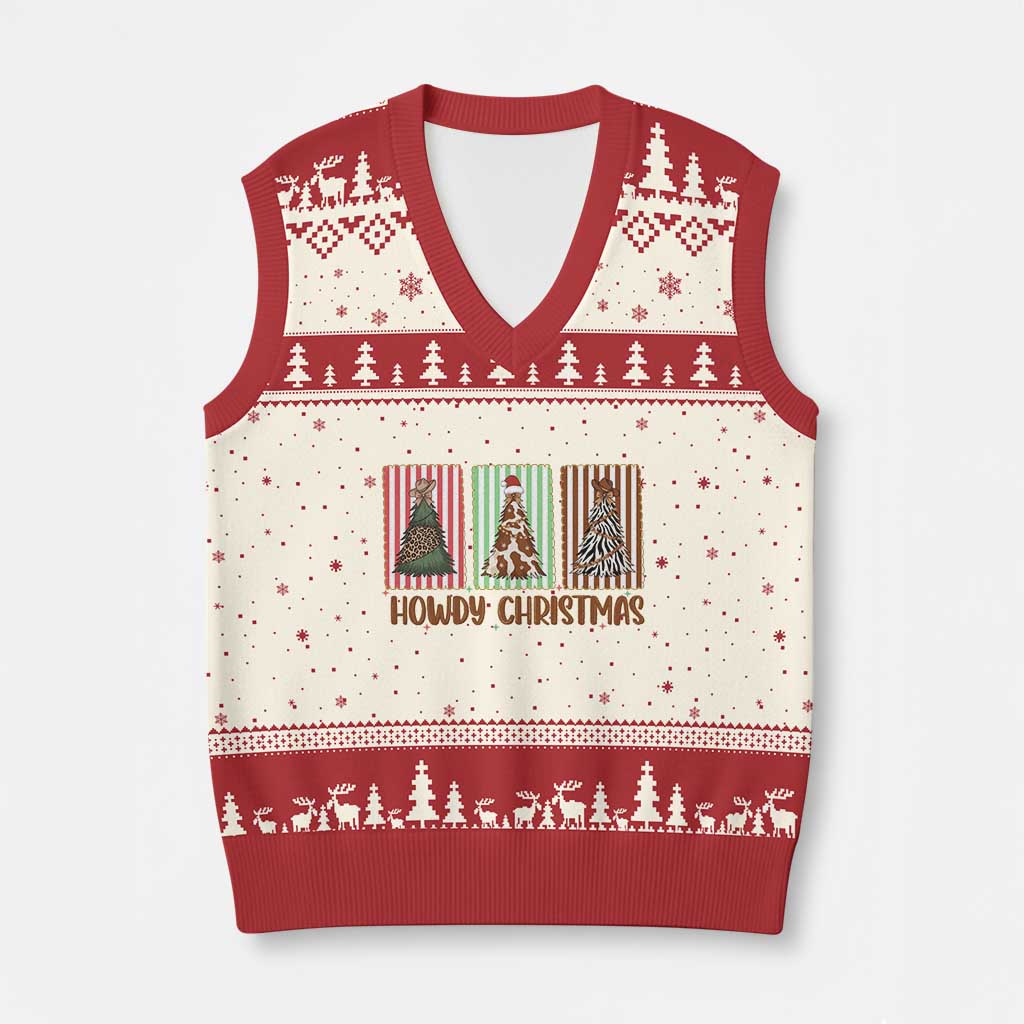 Howdy Xmas V-Neck Knit Sweater Vest Funny Western Xmas Tree Rodeo Fan Gift - Wonder Print Shop