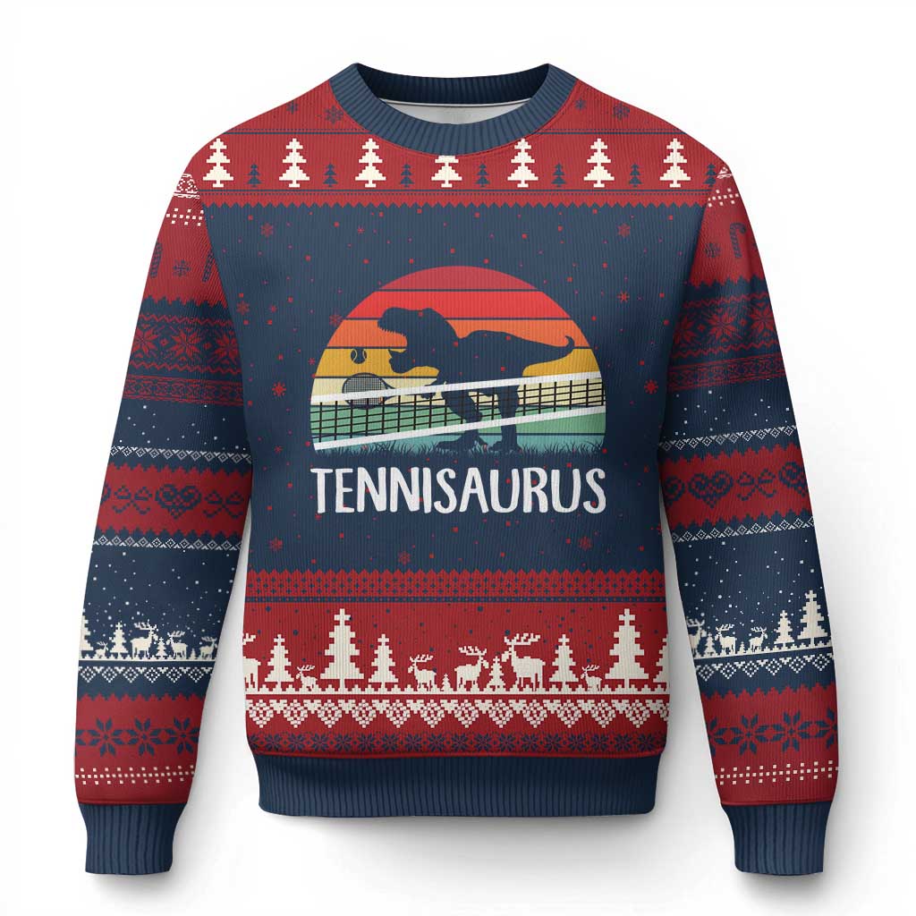 Funny Dinosaur Tennis Player Gift Ugly Christmas Sweater Tennisaurus - Wonder Print Shop