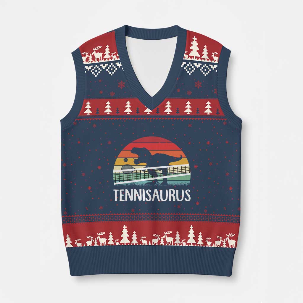 Funny Dinosaur Tennis Player Gift V-Neck Knit Sweater Vest Tennisaurus - Wonder Print Shop