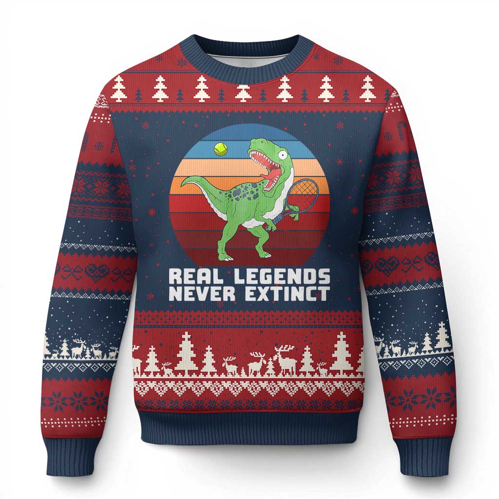 Retro Dinosaur Tennis Player Ugly Christmas Sweater Real Legends Never Extinct - Wonder Print Shop
